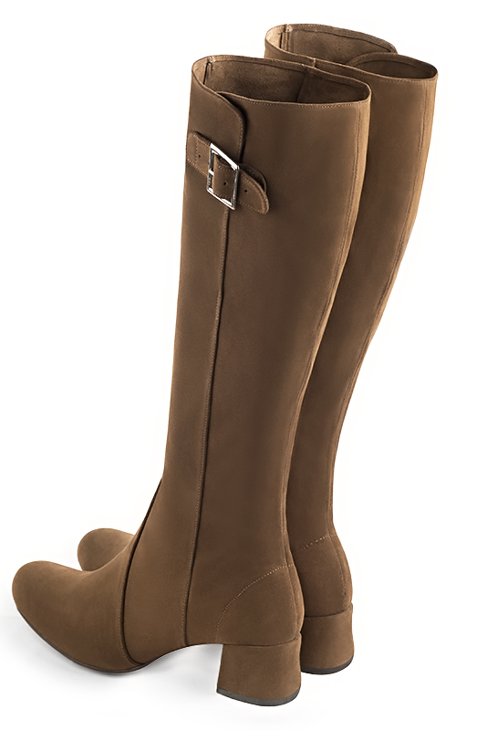 Chocolate brown women's knee-high boots with buckles. Round toe. Low flare heels. Made to measure. Rear view - Florence KOOIJMAN